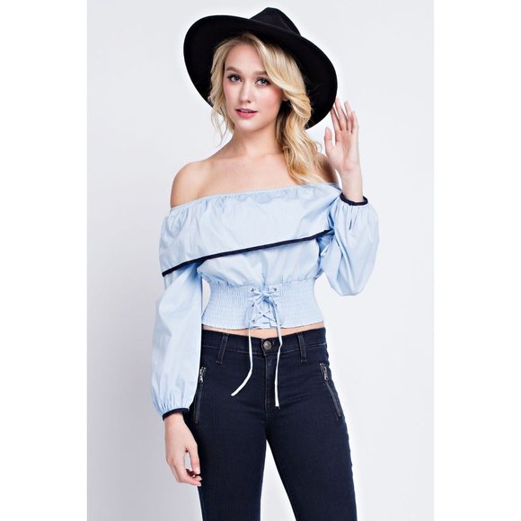 Women's Super Cute Comfy Off Shoulder Top With Contrast Detail Linning & Corset - Picture 3 of 9